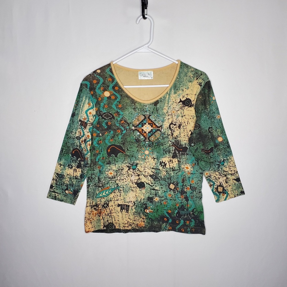 Cactus Bay Top Women Medium Sequin 90s Western Country Aztec Indie Teal Tan